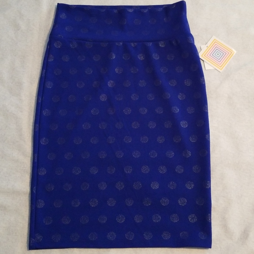 Small LulaRoe Cassie skirt, blue with sparkle dots